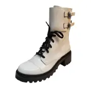 DKNY Womens Shoes Bart Block Heel Lug Sole Buckled Ankle Boots 11M White MSRP...