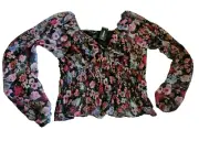 Express Black Floral Print Sheer Long Sleeve Smocked Top Womens Small Whimsigoth