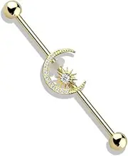 [Pierced Owl] CZ Crystal Paved Crescent Moon and Star Stainless Steel Industrial Barbell