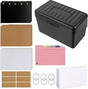 Black Index Card Box Set, Flashcard Organiser with Dividers, Colourful Lined, 6 Rings,6 Kraft Stickers, Revision Cards Holder for on the go Learning Notes, Recipe, Study, School Supplies, Office, Home