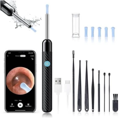 Earwax Remover Tool Kit with 8 Pcs Ear Set & Ear Camera for iOS & Android -Black