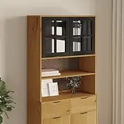 FLAM Solid Pine Wood Highboard Top, Glass Door Cabinet Storage Solution for Living Room & Bedroom Display