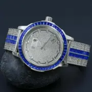 Solid Steel Baguette Solitaire Bezel Sapphire Blue Real Diamond White Gold Watch