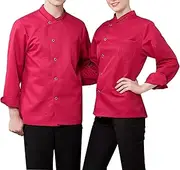 XWCG Chef Jacket Chef Coat Chef Uniform Chef Jacket Unisex Long Sleeve Single-Breasted Shirt Women's Professional Chef's Uniform with Left Breast Pockets,Red,3XL