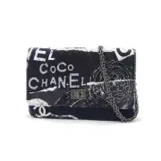 CHANEL 2.55 Camellia Matlasse Chain Wallet Navy Silver Hardware A70328