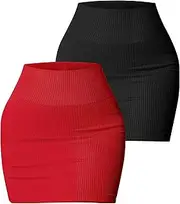 [FEOYA] Womens Bodycon Mini Pencil Skirt High Waisted Ribbed Tight Skirt Miniskirt Knitted Skirt Pack of 2 Skirt