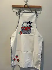Kids Apron - Blue And White With Strawberry Basket- Made In Portugal- Cotton