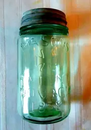 MASONS 1858 PINT Mason Jar ~ ZINC LID - Antique Reproduction - APPLE GREEN Glass