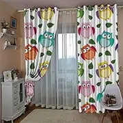 Exquisite Curtains for Kids Bedroom Cartoon & Owl 3D Pattern Microfiber Blackout Fabric Eyelet Window Drapes for Kids Nursery Playroom 2 Panels W168cm (66") x D229cm (90") x 2
