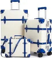 [universal trotter] Large Capacity Hardside Suitcase Set with TSA Lock,Luxury Vintage Style Maletas De Viaje, for Men and Women Carry On Luggage Set, White/Blue, 26"+20"+12", Vintage Wide Aluminum Frame