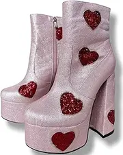 [Frankie Hsu] Ladies Luxury Sexy Chunky Platform High Heeled Ankle Bootie, Pink Glitter Red Heart Shape Shinny Hot Girl Short Boot, Big Large Size US5-19 Shoes For Women Men