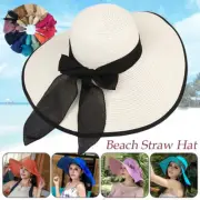 Women's Summer Bow Floppy Folding Wide Brim Cap Sun Straw Beach Hat Holiday NEW