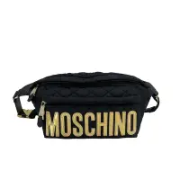 在飛比找Yahoo奇摩購物中心優惠-Moschino 品牌金logo菱格縫線斜背/腰包(黑)