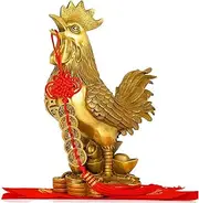 Coq Chinese Figurines Ornaments Feng Shui Collection Statue with Happiness Old Coins on Red Wire, Prosperity Home Decoration Gift,Brass,L/4156 (Color : Brass, Size : L)