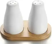 UDQYQ Ceramic Salt and Pepper Shaker Set with Bamboo Tray, 2 Pieces Modern White Salt and Pepper Shakers, Cute Salt Shaker Pepper Pots for Country House Kitchen Table Decoration