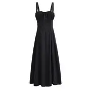 Sleeveless Square Neck Plain Midi A-Line Dress Black - L