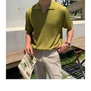 Short-Sleeve Plain Knit Ribbed Polo Shirt Green - 2XL