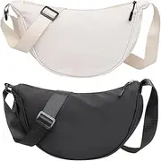 [SSKHE] 2 Pack Crescent Bag Nylon Crossbody bag for Women Men Hobos Crossbody Bag Dumpling Bag Canvas Bag with Adjustable Strap, Black+beige, Contemporary