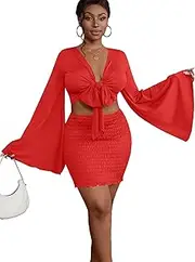 LYANER Women's 2 Piece Outfits Tie Knot Front Bell Long Sleeve Crop Top and Mini Skirt Set