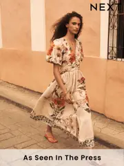 Ecru Cream Floral Puff Sleeve Button Down Occasion Maxi 100% Cotton Dress (AT3331) | $146