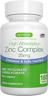 High Absorption Zinc Complex 25mg with Copper, Chelated Zinc Picolinate & Bisglycinate for Immune, Skin and Cellular Health, 180 Tablets, by Igennus