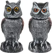 2 Pack Fake Owl Decoys to Scare Birds Away, Rotating Head Bird Deterrents, Natu