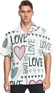 [GuoChe] Hawaiian Men's Casual Button-Down Shirts Short Sleeve Valentines Stylish Hearts Love Green Pink Casual Camisas