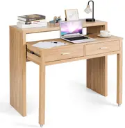 Costway Extending Computer Desk Wood Pull Out Console Table 2 Drawers Writing Study Workstation