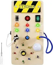 Montessori Busy Board Light Up Switch Board with 8 LED Light Switches LED Light Switch Busy Board Wooden Sensory Toys Portable Travel Busy Board Educational Learning Toy for Toddlers Kids Gift.