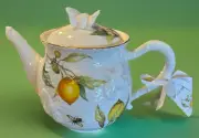 Grace Lemon Bees Teapot, NWT Porcelain White/Yellow Bee On Lid, Cottagecore