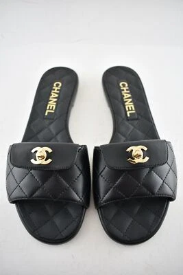 Chanel REV Black Turnlock Quilted Gold CC Logo Mules Slide Sandal Flop Flat 35.5