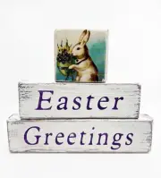 Easter Rabbit Bunny Stacking Wood Blocks Table Decor NEW