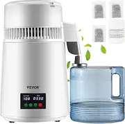 VEVOR 4L Water Distiller,0.3Gal/H, Distilled Water Maker Machine 750W 0-99H Timing Set Temp Display, 304 Stainless Steel Countertop Distiller Plastic Carafe Cleaning Powder 3 Carbon Packs, White