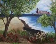 von Wening art Steamboat in Biloxi old Cannon original oil Painting on Board