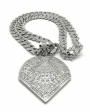 ICED BLACK PYRAMID CHRIS BROWN PENDANT CUBAN LINK CHAIN NECKLACE SILVER HIP HOP