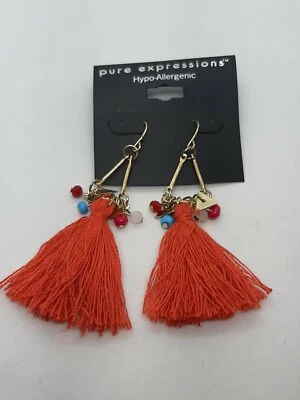 Pure Expressions Boho Jeweled Tassel Dangling Earrings Salmon HypoAllergenic NWT