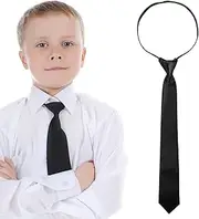 [Yolev] Black Zipper Tie for Boy Clip-on Neckties Solid Uniform Pre-tied Adjustable Neck Strap Tie for Wedding Graduation