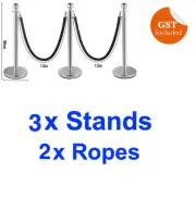 3 SILVER Queue Barriers Stand 2 BLACK VELVET Ropes Crowd Control Bollard