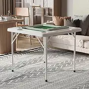 DYUNCZ Mahjong Table with Folding Legs, 35.5” Mahjong Table, Square Folding Card Table w/Wear Resistant PVC Desktop, 4 Cup Holders & 4 Chip Grooves, for Domino, Poker, Jigsaw Puzzles(White)