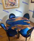 Modern walnut round dining table, Handmade custom round Blue epoxy coffee table