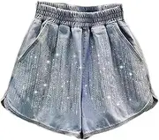 [Jegsnoe] Women Summer Elastic Waist Denim Shorts Diamonds High Waist Loose Casual Wide Leg Shorts