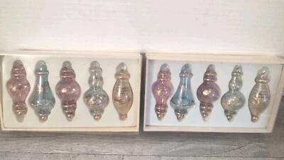 2 Sets of 5 Egyptian hand blown glass ornaments gold Etched 3.25" long NIB