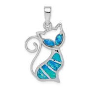 Sterling Silver Rhodium-Plated Created Opal Cat Pendant