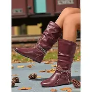 Women's Burgundy Faux Leather Mid Calf Boots – Slouchy Flat Riding Boots with Braided Straps for Fall Outings, Travel and Outdoor Festivals