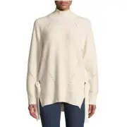Rebecca Taylor Cream Ribbed Turtleneck Tie Merino Wool Pullover Size XL $395