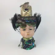 Assemblage Art Doll Figurine Handmade Crying Baby Cat Feathers