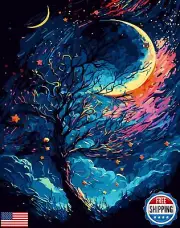 Fuinkqe Paint by Numbers Kit for Adults Beginners - Moon Tree Landscape Easy