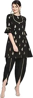 [Janasya] Indian Women's Black Poly Crepe Kurti with Dhoti Pant