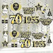 36PCS Black Gold 70th Birthday Decorations Hanging Swirls for Men Women, Happy 70th Party Supplies Vintage 1954 Foil Swirls, Seventy Year Old Ceiling Hanging Decorations Sign Decor