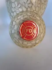 FD FIRE DEPARTMENT epoxy domed logo CLOISONNE white OPAL BRONZE URN 40 CU.IN.